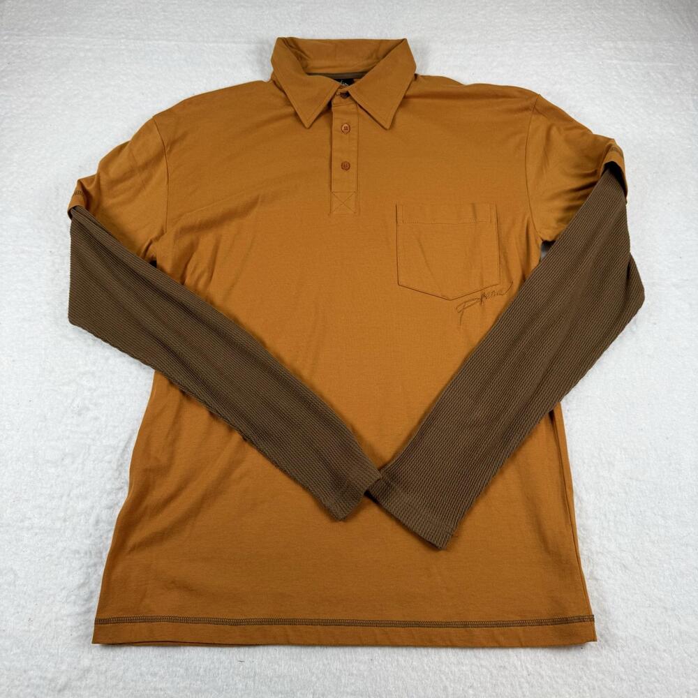 PrAna Polo Shirt Mens Size M Brown Breathe Long Sleeve Colorblock Casual Layered